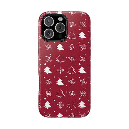 Front view of a red phone case featuring a winter pattern with snowflakes and Christmas trees, displayed on a white background, designed for iPhone and Samsung models, perfect for the holiday season.