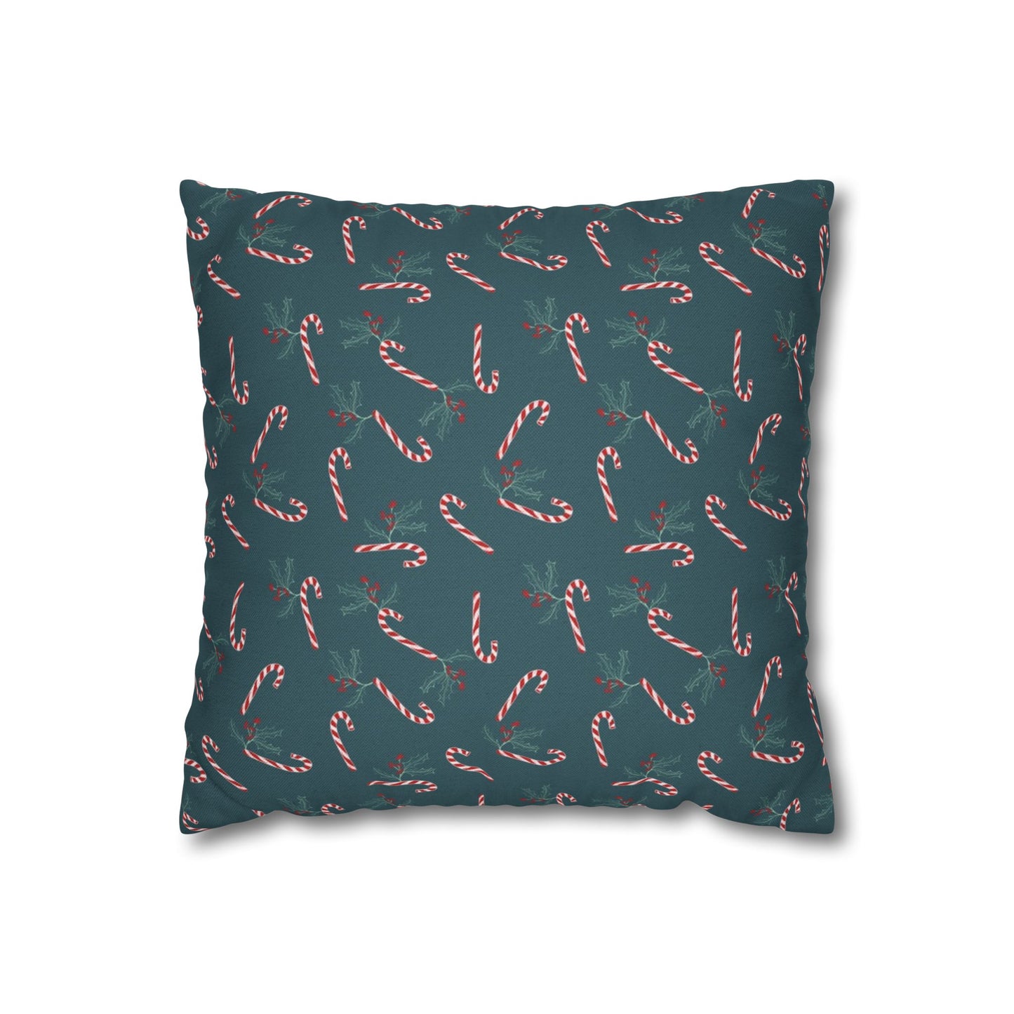Front view of a square pillow case featuring a candy cane and holly pattern, displayed on a white background, highlighting the festive design details.