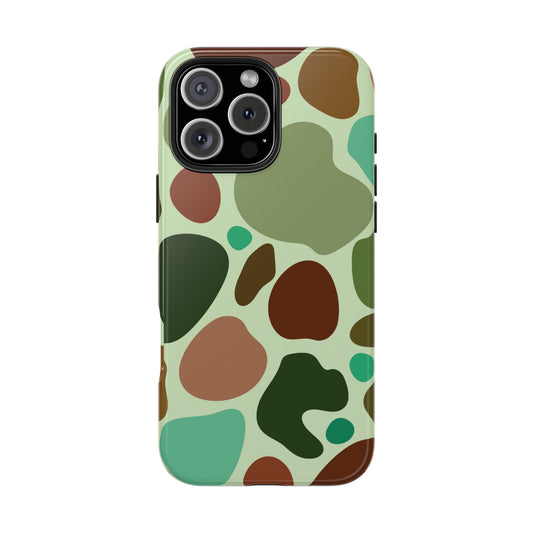 Front view of a phone case featuring a turtle shell camo pattern, designed for iPhone and Samsung models, offering a unique and nature-inspired look.