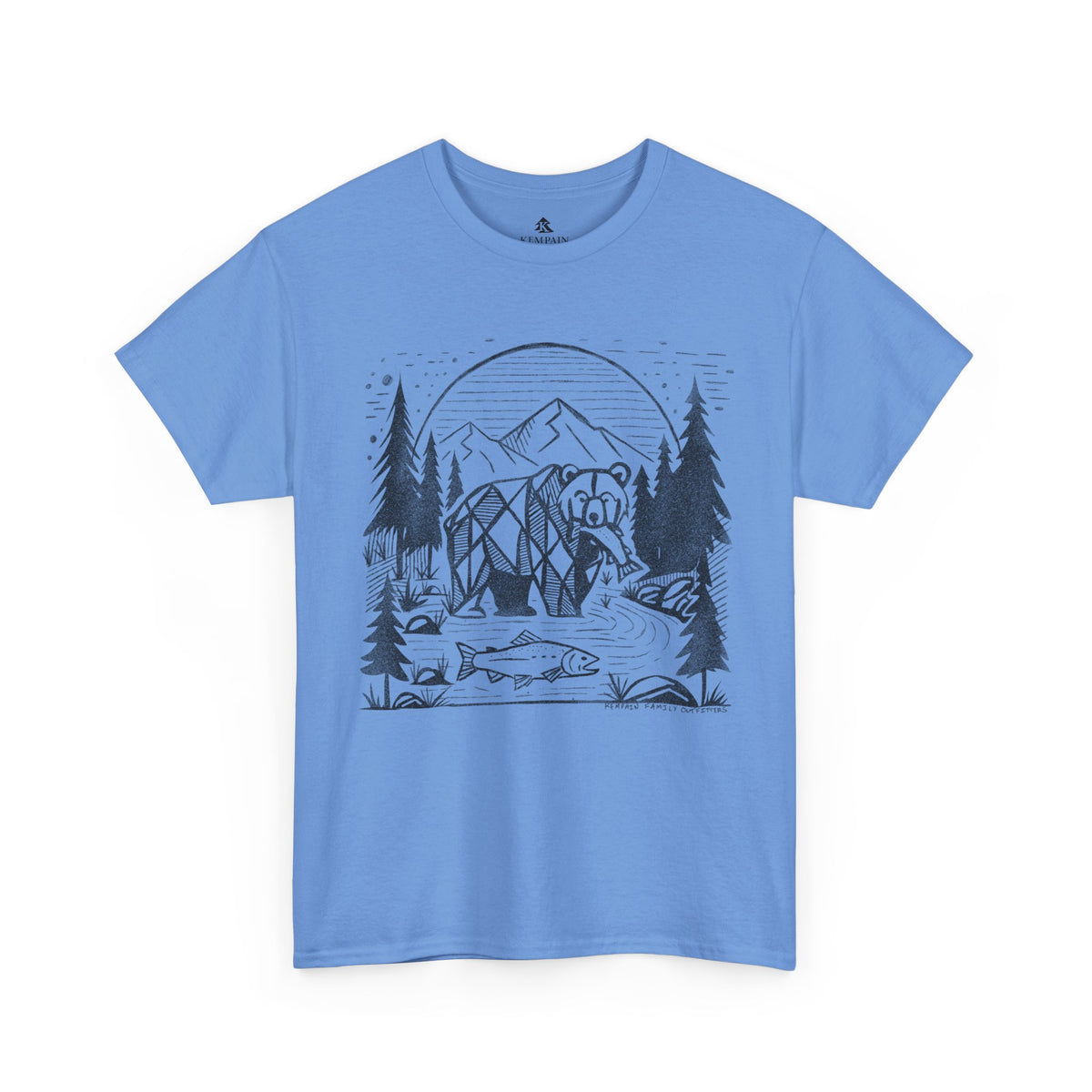 Geometric Bear & Salmon T-Shirt in blue on a white background, showcasing a nature-inspired design for hikers, campers, and adventure lovers.