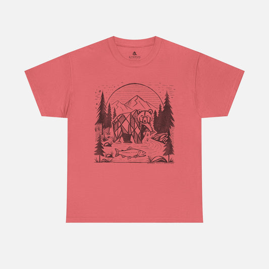 Geometric Bear & Salmon T-Shirt in coral on a white background, showcasing a nature-inspired design for hikers, campers, and adventure lovers.