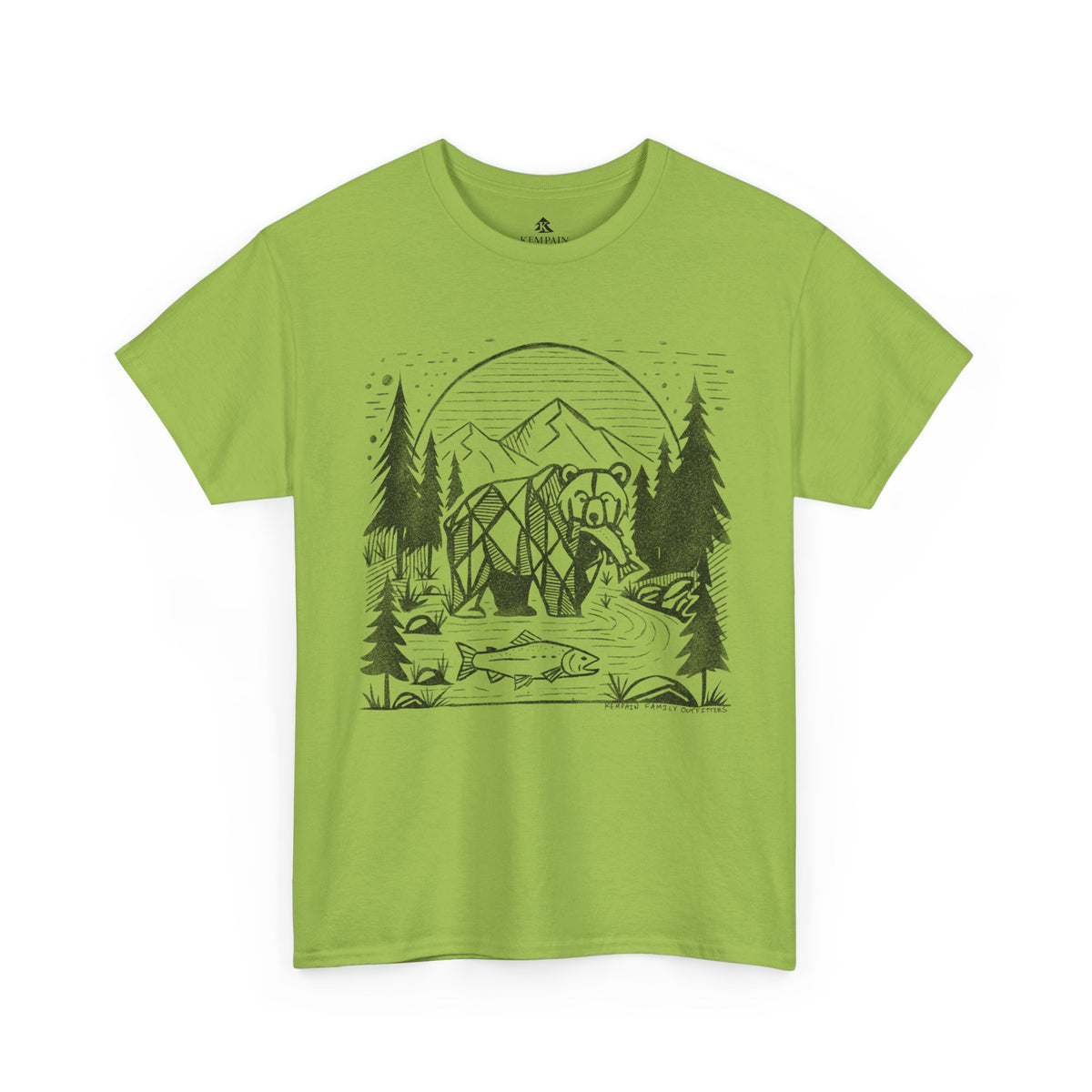 Geometric Bear & Salmon T-Shirt in green on a white background, showcasing a nature-inspired design for hikers, campers, and adventure lovers.