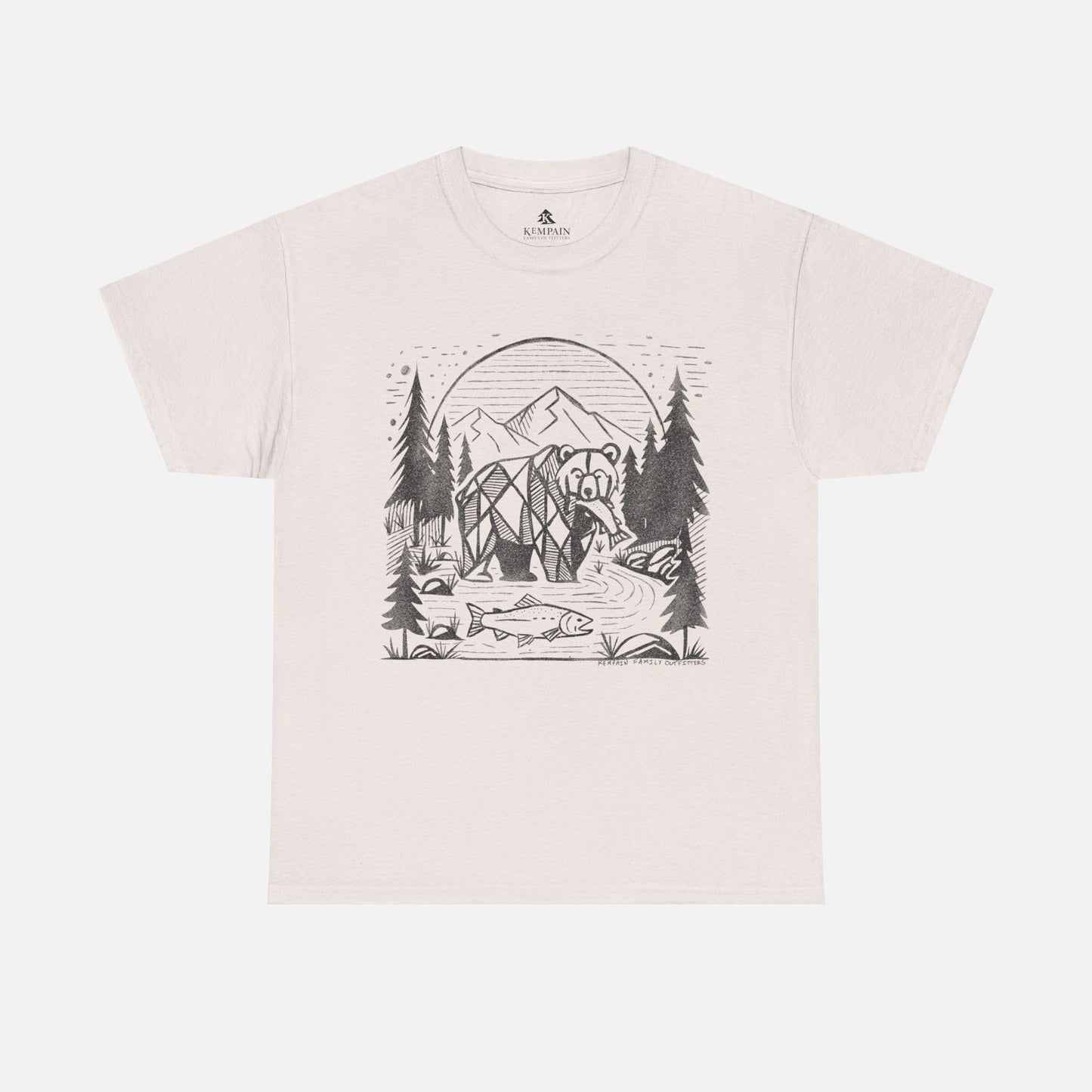 Geometric Bear & Salmon T-Shirt in ice grey on a white background, showcasing a nature-inspired design for hikers, campers, and adventure lovers.
