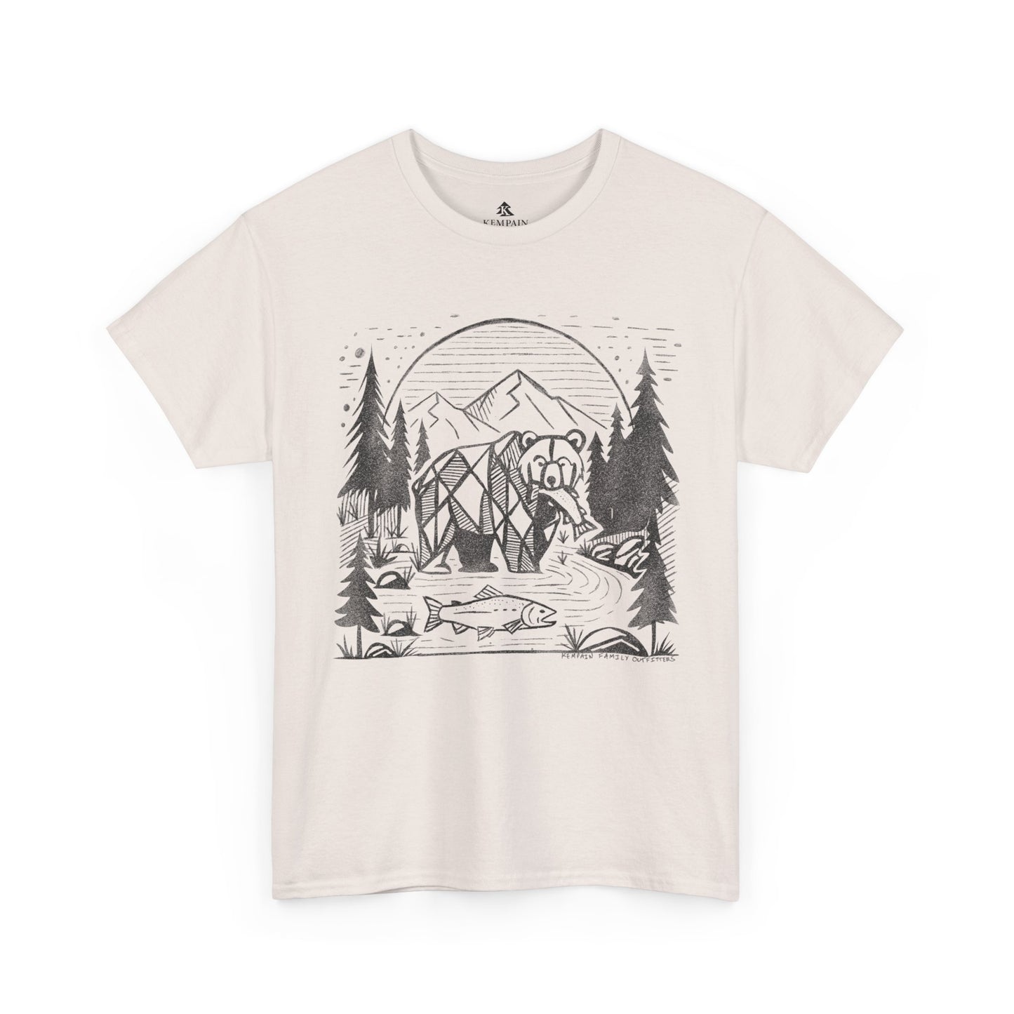 Geometric Bear & Salmon T-Shirt in ice grey on a white background, showcasing a nature-inspired design for hikers, campers, and adventure lovers.