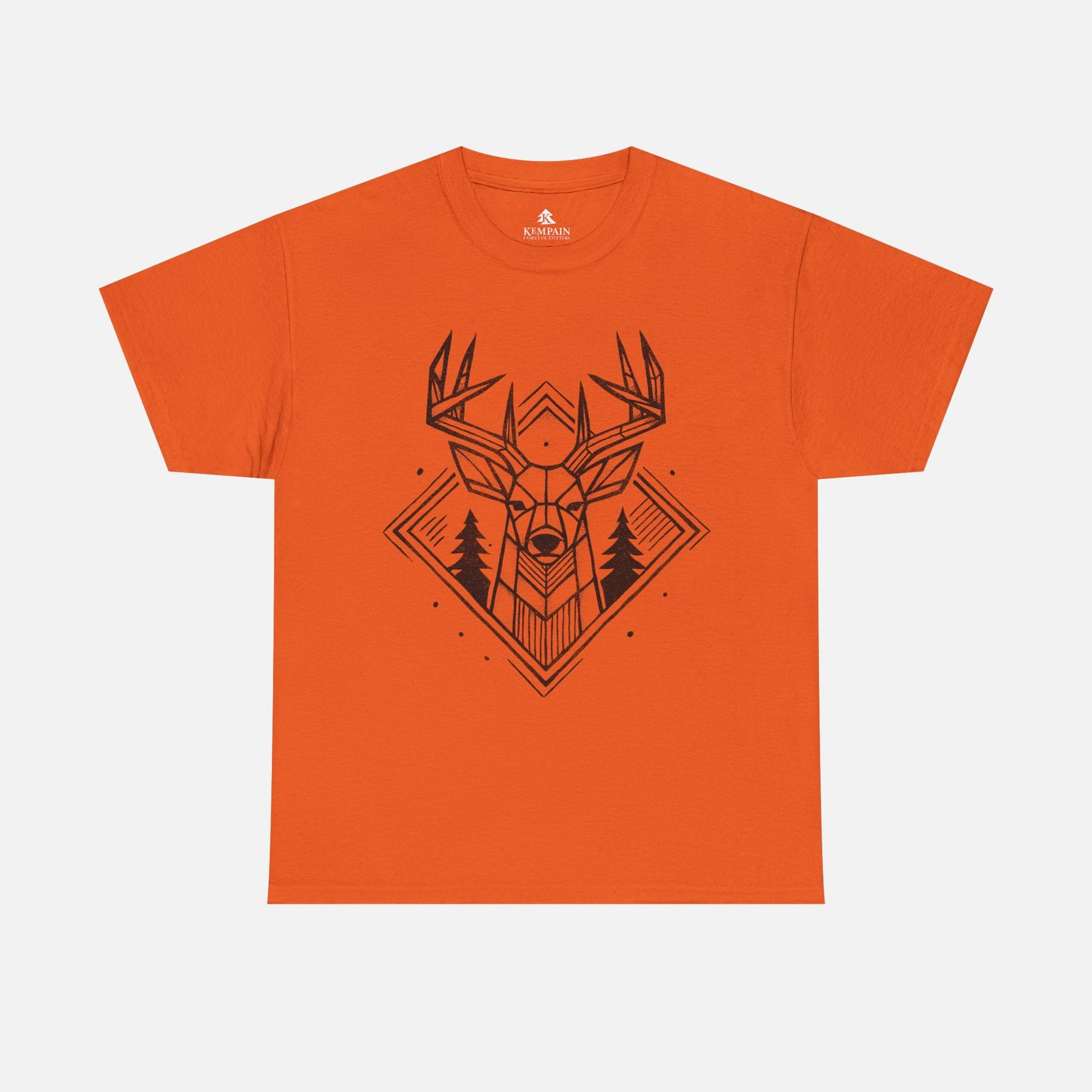 Geometric Buck Head T-Shirt laid flat on a white background in orange, featuring a detailed deer head illustration with pine trees for outdoor enthusiasts.