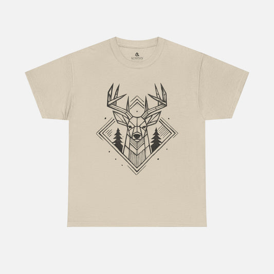Geometric Buck Head T-Shirt laid flat on a white background in ice grey, featuring a detailed deer head illustration with pine trees for outdoor enthusiasts.