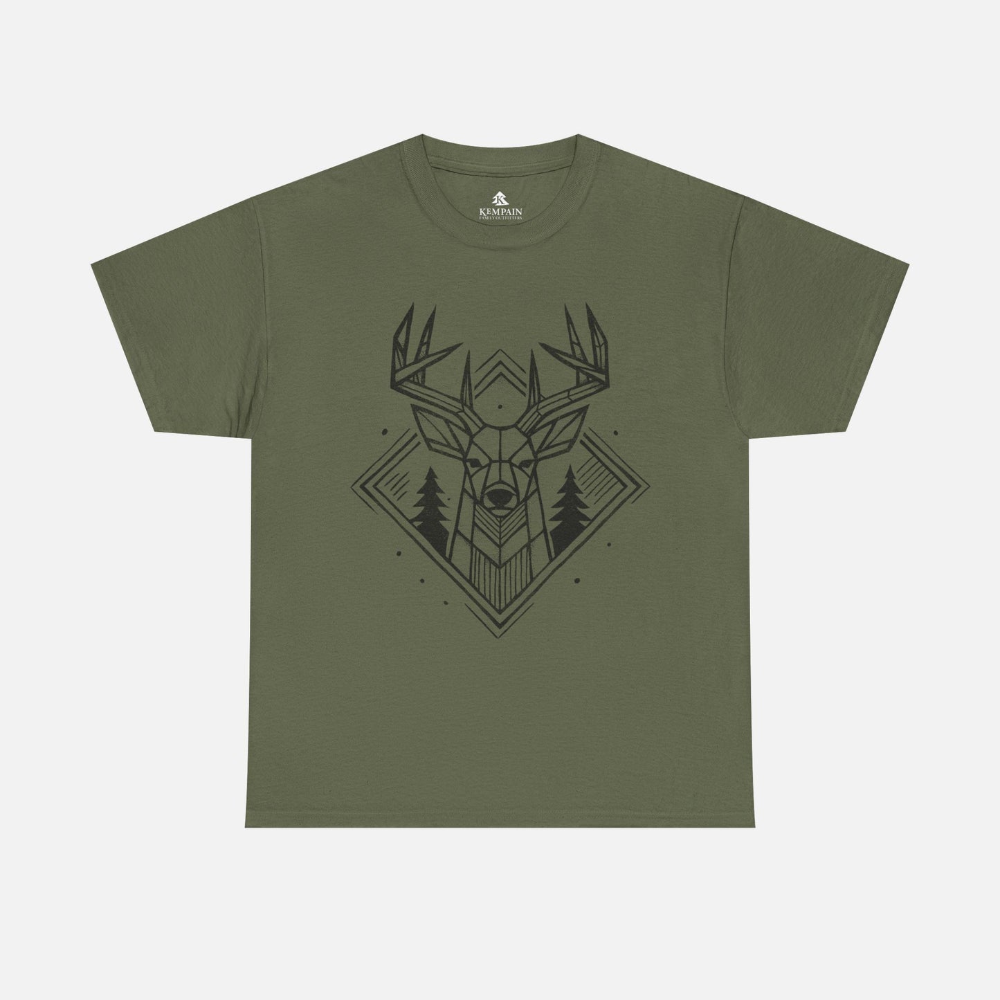 Geometric Buck Head T-Shirt laid flat on a white background in military green, featuring a detailed deer head illustration with pine trees for outdoor enthusiasts.