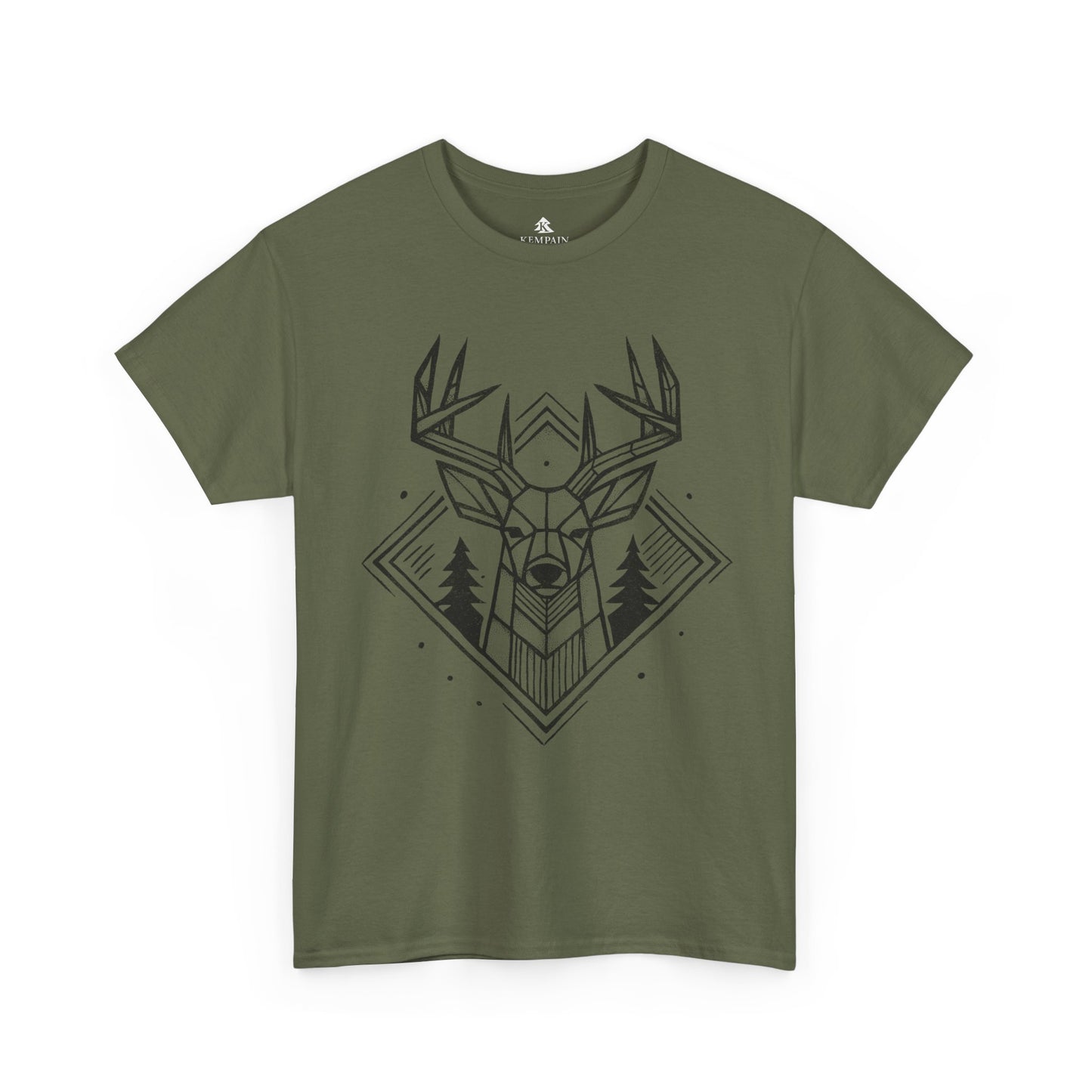 Geometric Buck Head T-Shirt laid flat on a white background in military green, featuring a detailed deer head illustration with pine trees for outdoor enthusiasts.
