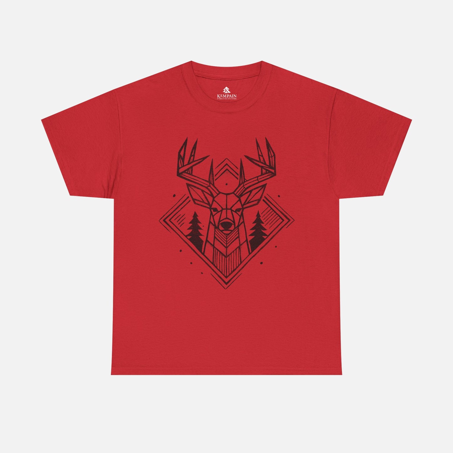 Geometric Buck Head T-Shirt laid flat on a white background in red, featuring a detailed deer head illustration with pine trees for outdoor enthusiasts.