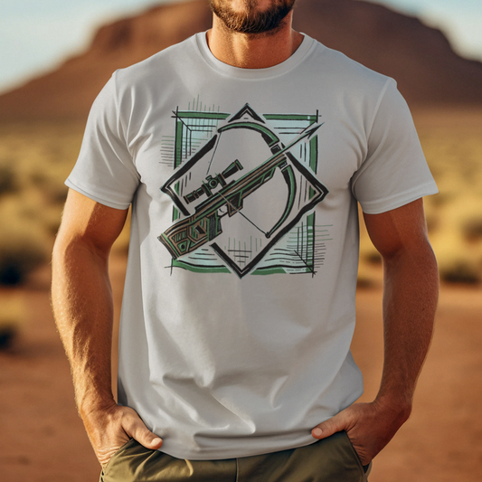 Geometric Crossbow T-Shirt worn by a model, featuring a sleek crossbow and arrow design—perfect for archers, bowhunters, and outdoor enthusiasts.