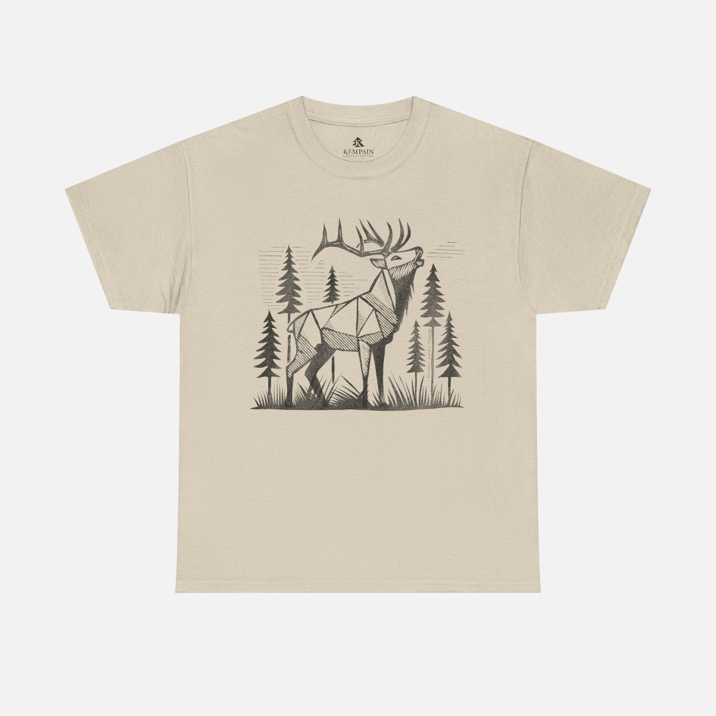 Geometric Elk T-Shirt in beige on a white background, showcasing a striking wildlife-inspired design for adventure seekers and elk admirers.
