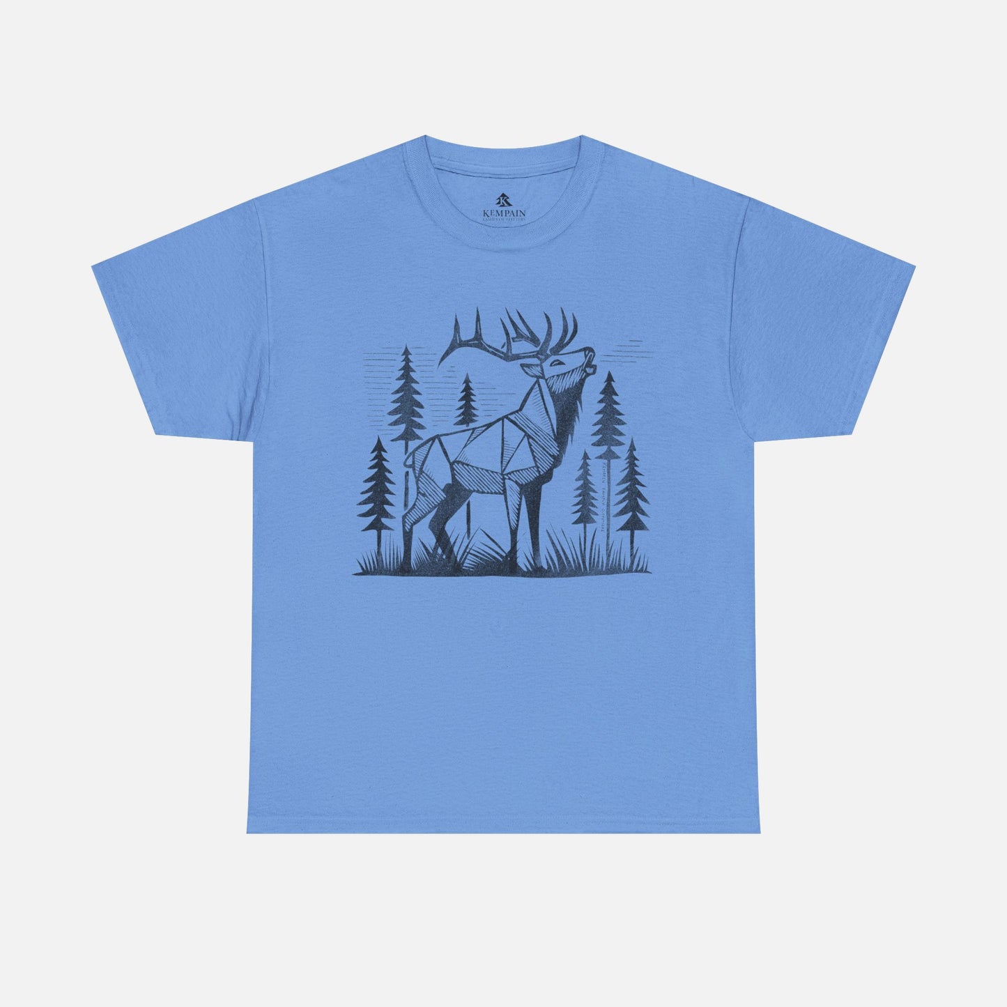 Geometric Elk T-Shirt in blue on a white background, showcasing a striking wildlife-inspired design for adventure seekers and elk admirers.