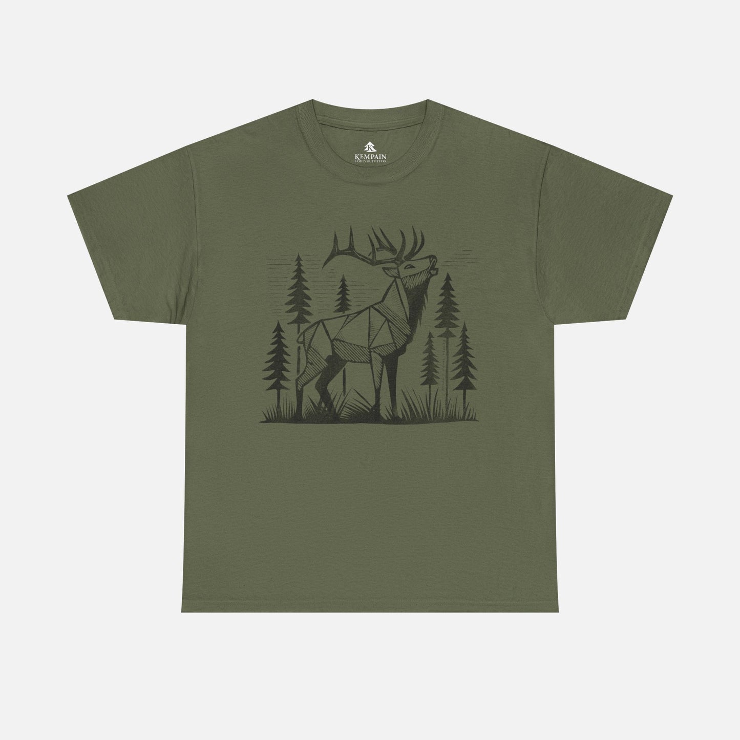 Geometric Elk T-Shirt in military green on a white background, showcasing a striking wildlife-inspired design for adventure seekers and elk admirers.
