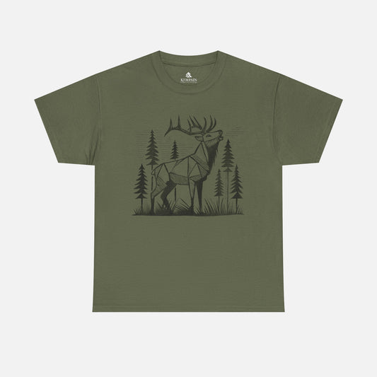 Geometric Elk T-Shirt in military green on a white background, showcasing a striking wildlife-inspired design for adventure seekers and elk admirers.
