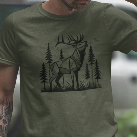 Model wearing Geometric Elk T-Shirt, featuring a bold geometric elk illustration, perfect for nature lovers, hunters, and outdoor enthusiasts.