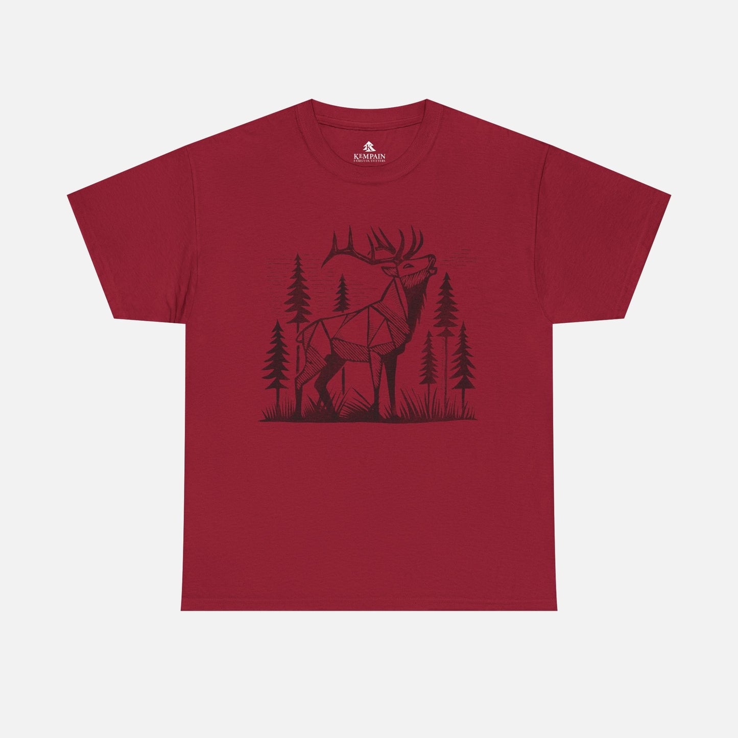 Geometric Elk T-Shirt in red on a white background, showcasing a striking wildlife-inspired design for adventure seekers and elk admirers.