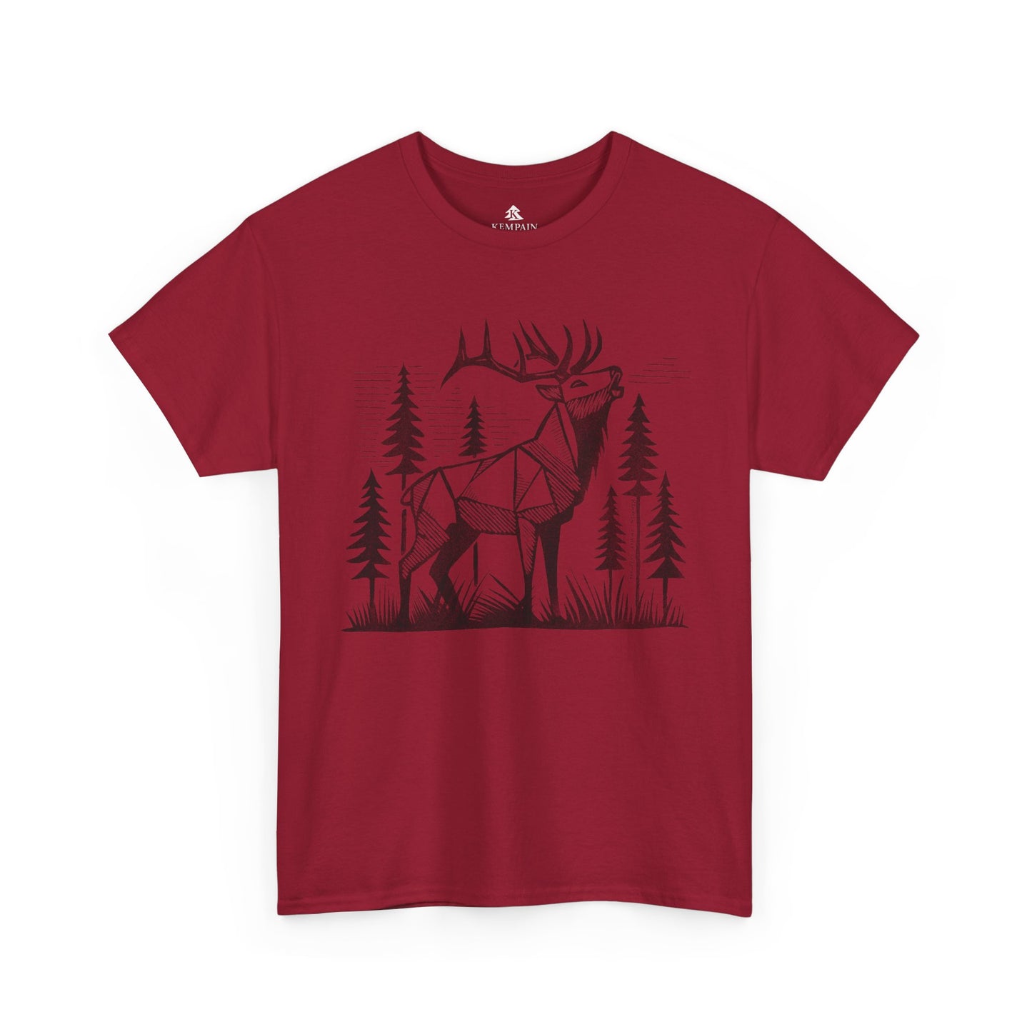 Geometric Elk T-Shirt in red on a white background, showcasing a striking wildlife-inspired design for adventure seekers and elk admirers.