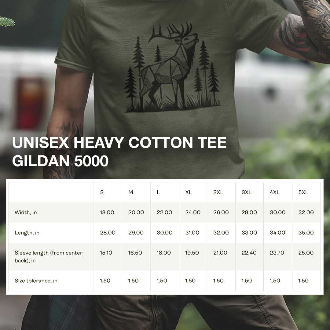 Size chart for Geometric Elk T-Shirt, providing detailed measurements for a comfortable and relaxed fit.