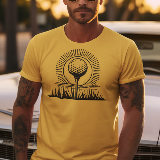 Model wearing Geometric Golf Ball T-Shirt, featuring a bold geometric golf ball on a tee with the sun in the background—perfect for golf lovers and sports enthusiasts.