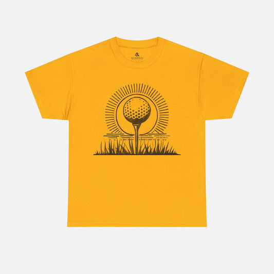 Geometric Golf Ball T-Shirt in yellow on a white background, designed for golfers who love sporty and stylish apparel.