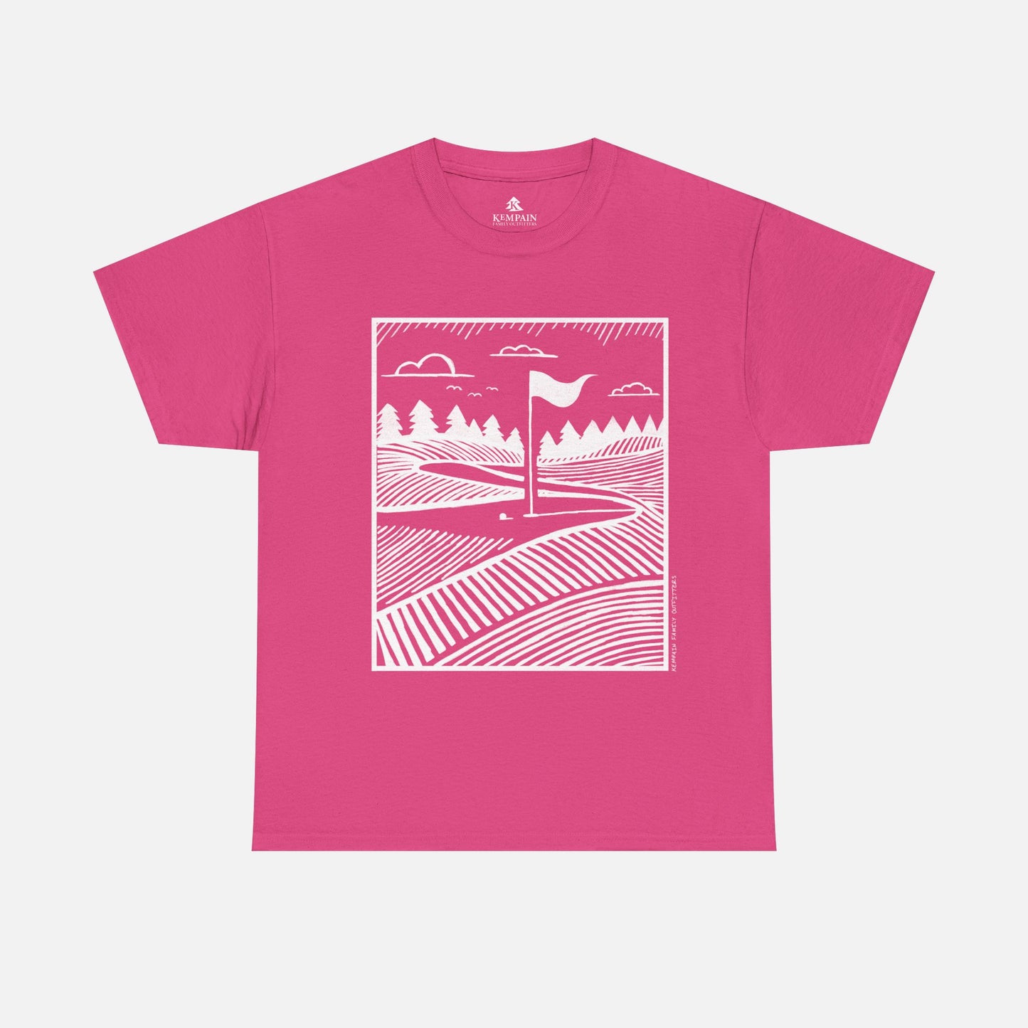 Geometric Golf Green T-Shirt laid flat on a white background in pink, showcasing a stylish golf green design for golf lovers.