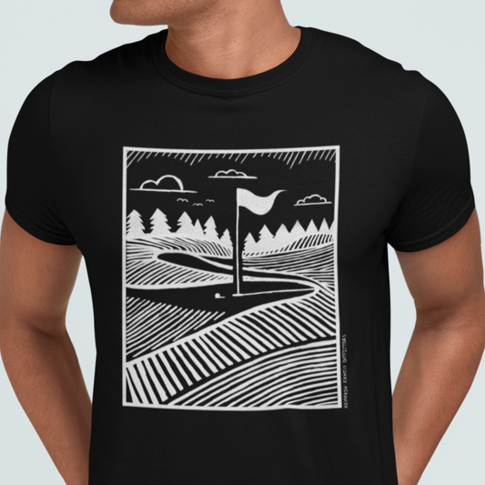 Geometric Golf Green T-Shirt worn by a model, featuring a sleek and modern golf course illustration—perfect for golfers and outdoor enthusiasts.