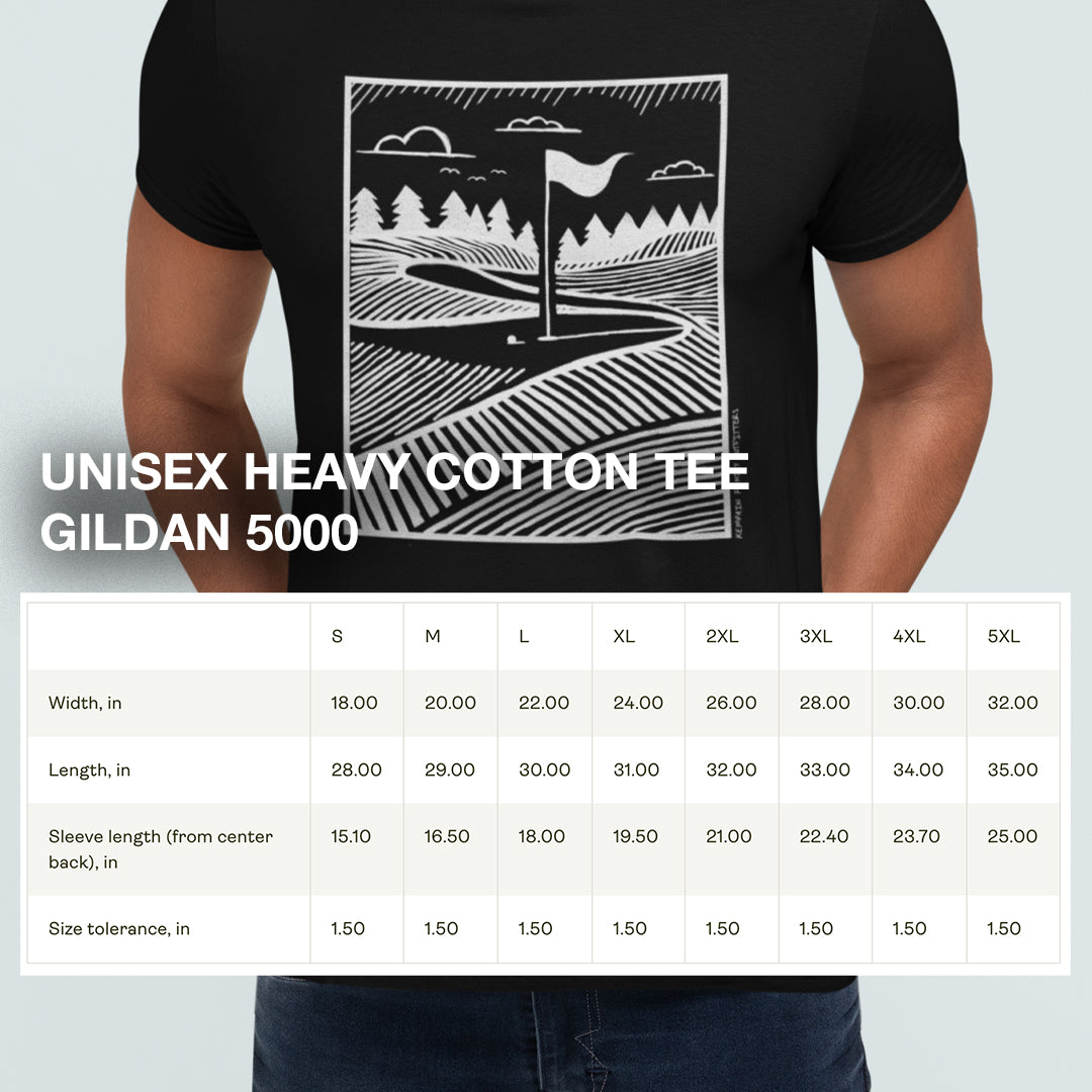 Size chart for the Geometric Golf Green T-Shirt, providing measurements for a comfortable and relaxed fit.