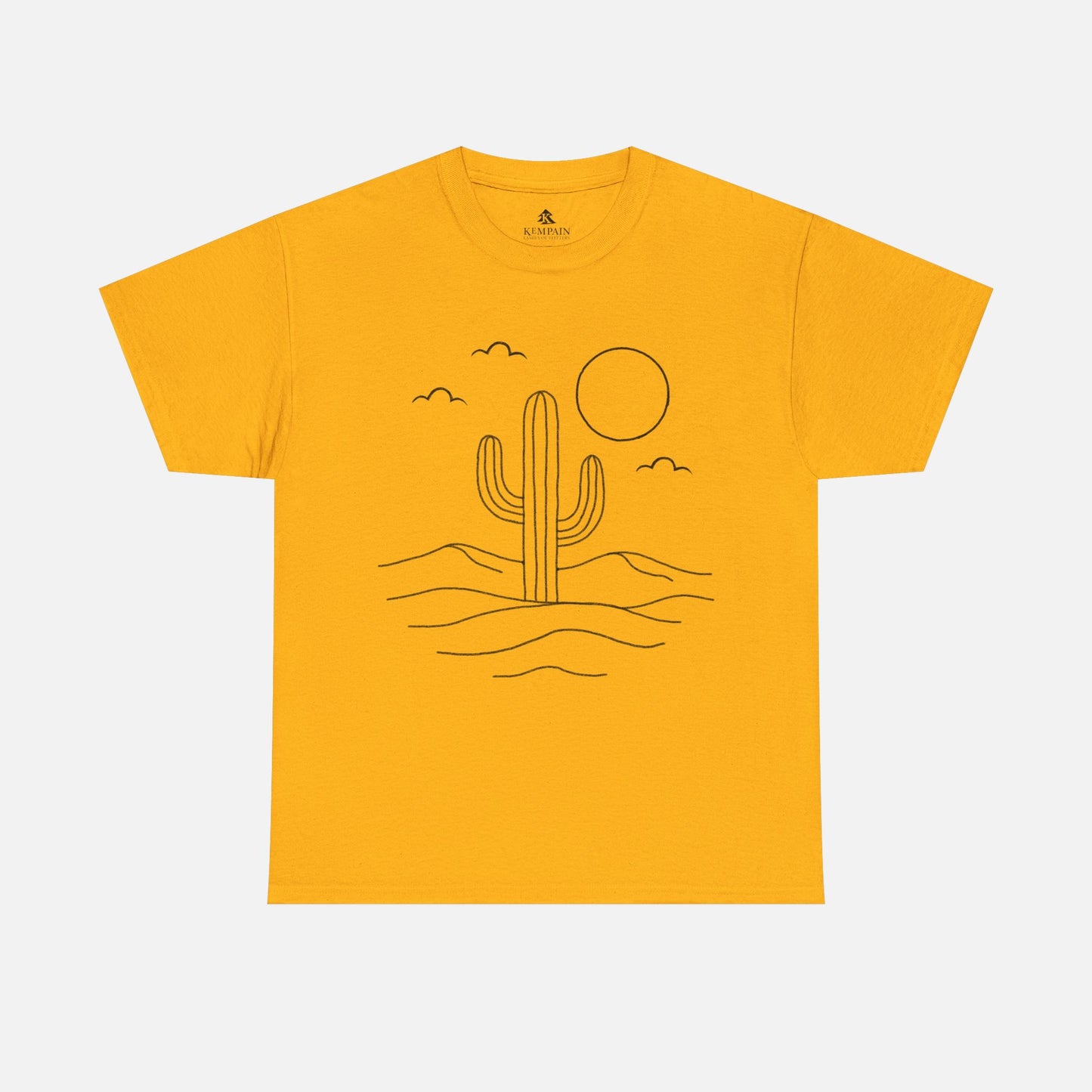 Gold Color Minimalist Desert Cactus Line Art T-Shirt displayed on white background, showing simple cactus, sun, and cloud illustration.