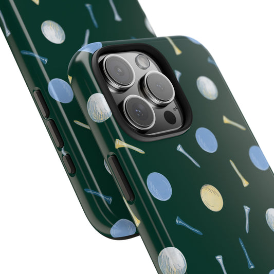 Angled close-up of Golf Balls and Tees Phone Case, highlighting the detailed sports-themed illustration and glossy finish.