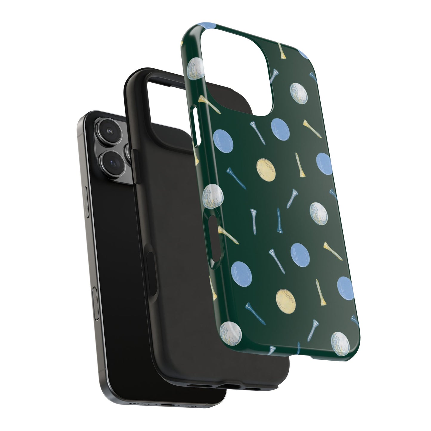 Exploded view of Golf Balls and Tees Phone Case showing the tough outer shell and shock-absorbing rubber liner built for everyday protection.