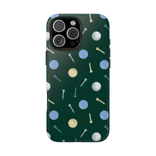 Front view of Golf Balls and Tees Pattern Phone Case on white background, featuring a sporty repeating design with golf balls and tees.