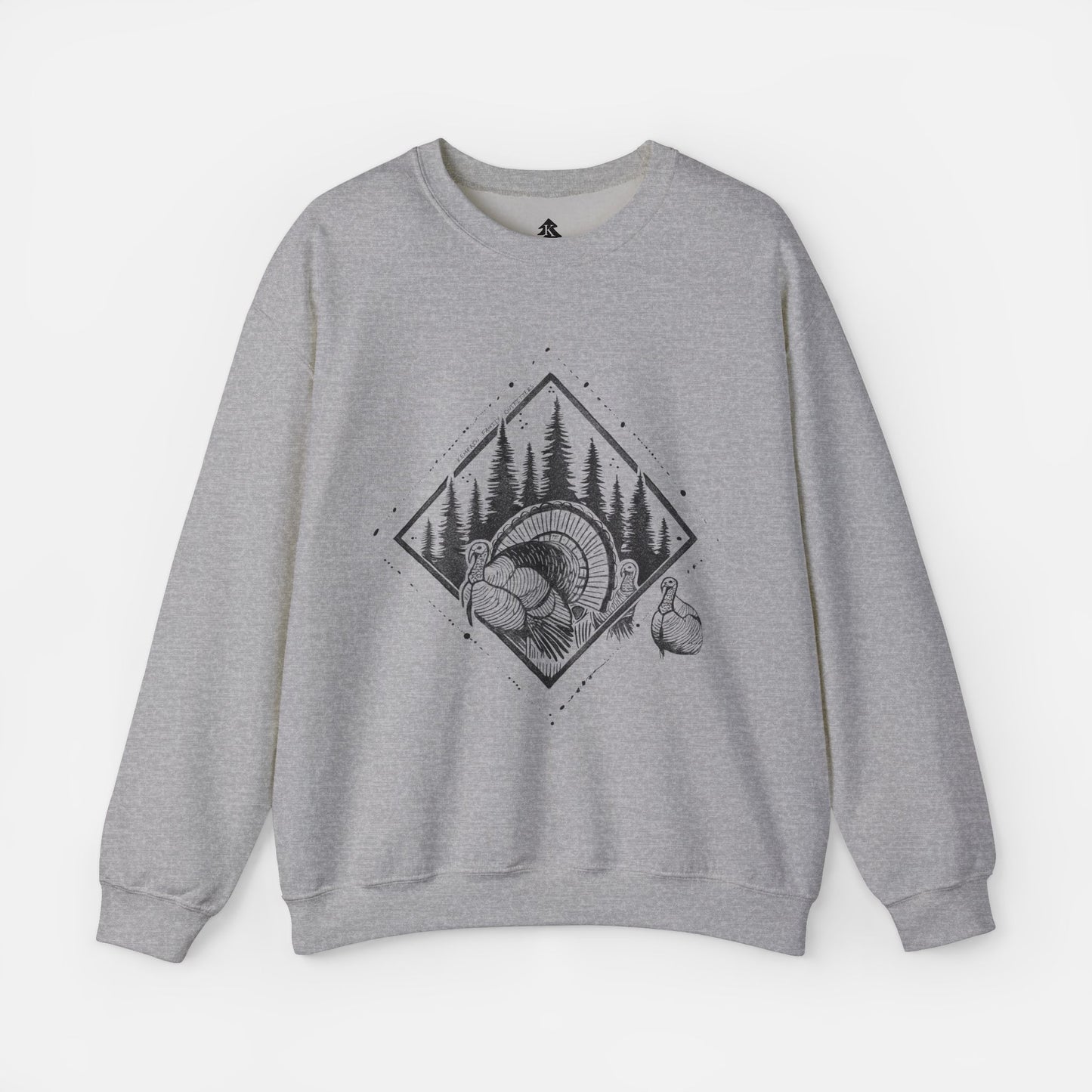 Grey Echo of Timber Adult Crewneck displayed flat on a white background, showcasing its cozy fabric and rustic wildlife design.