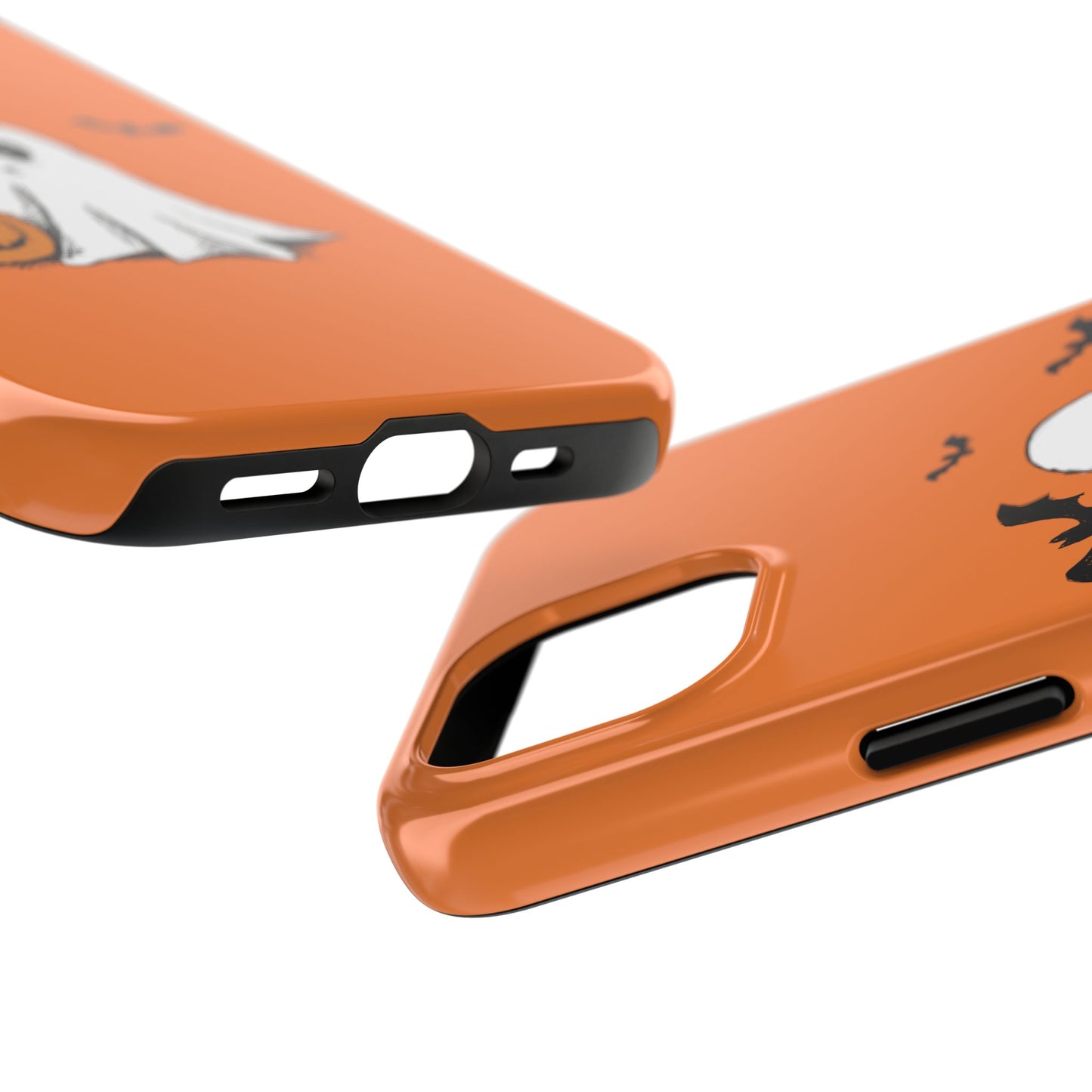 Phone case featuring a Halloween design with a ghost, pumpkin, and bats, compatible with iPhone and Samsung models, perfect for spooky seasonal style.