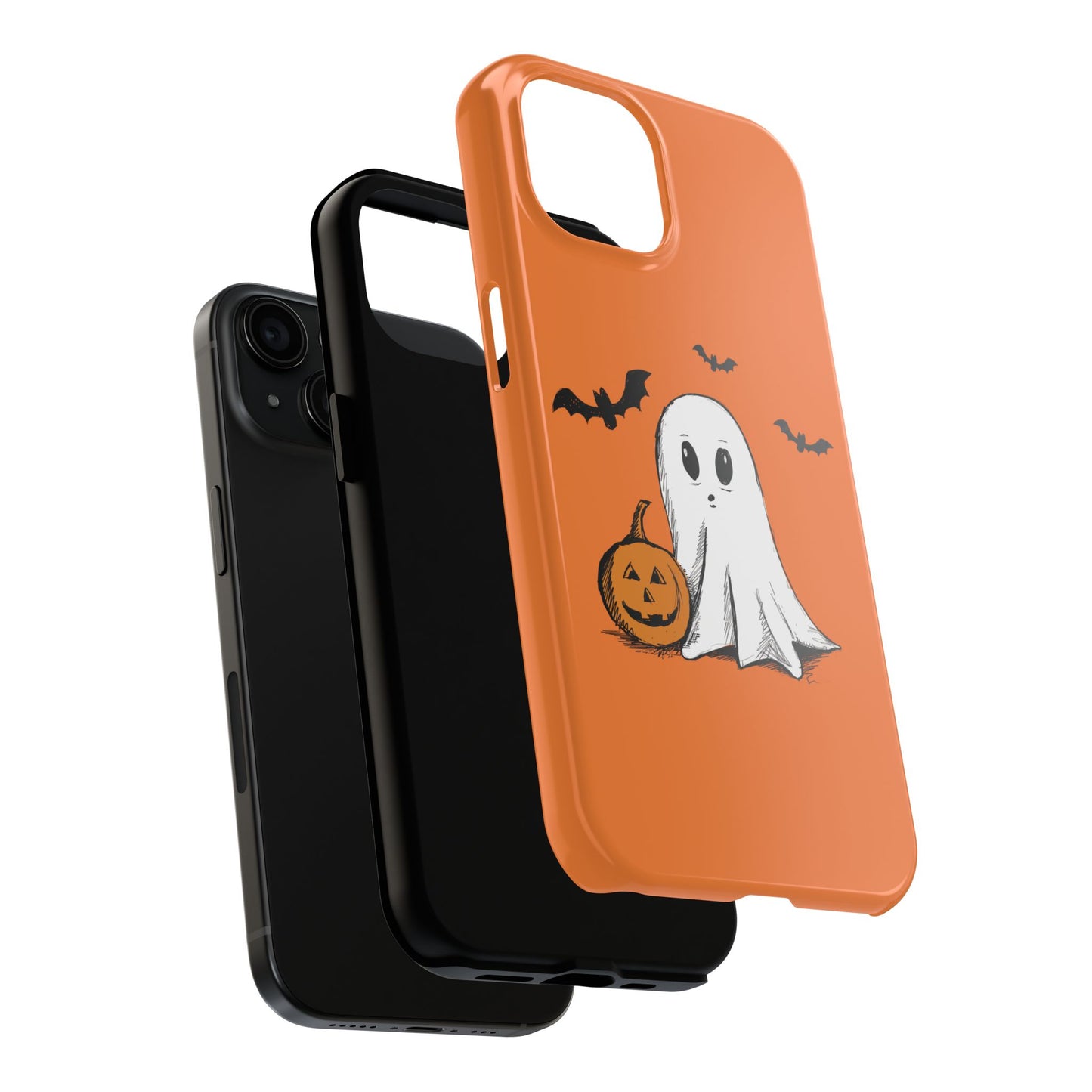 Exploded view of phone case featuring a Halloween design with a ghost, pumpkin, and bats, compatible with iPhone and Samsung models, perfect for spooky seasonal style.