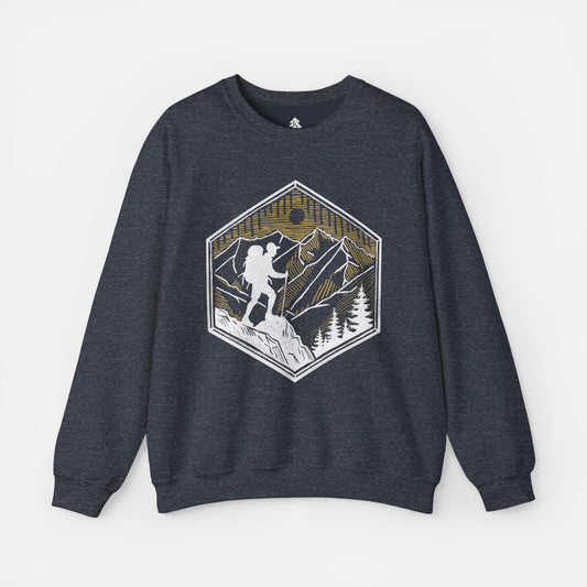 Heather dark navy Skyline Trek Sweatshirt displayed flat on a white background, showcasing its cozy fabric and outdoor-inspired hiking design.