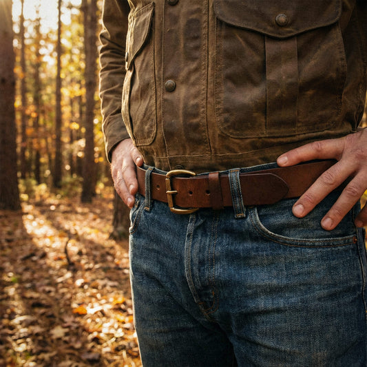 Person wearing a brown jacket and blue jeans with a belt in a forest setting