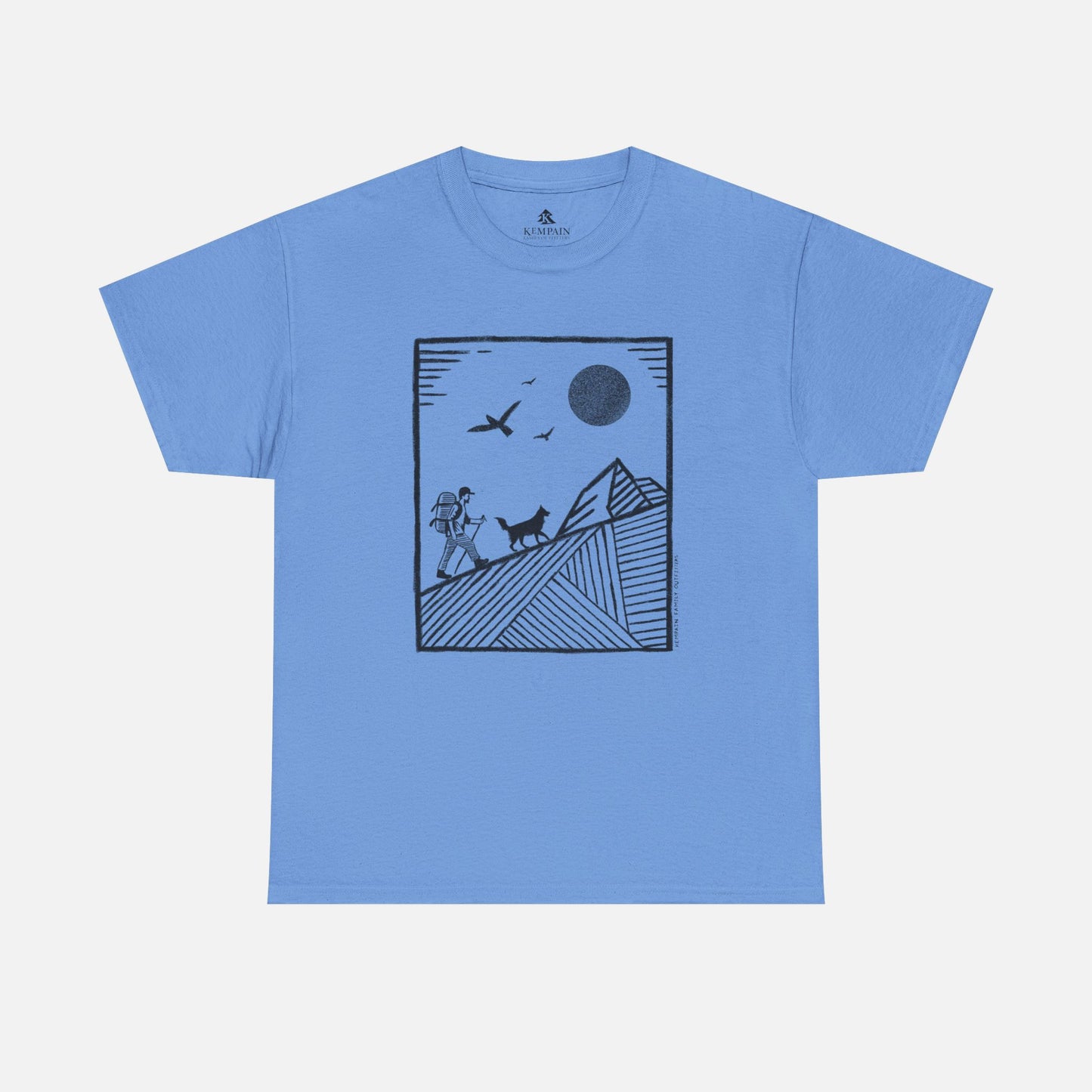 Hiker & Dog Companion Tee in blue on a white background, showcasing a minimalist outdoor design of a hiker and their loyal dog.