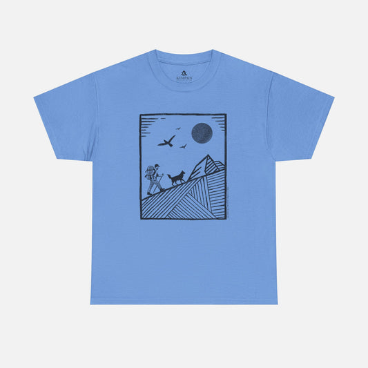 Hiker & Dog Companion Tee in blue on a white background, showcasing a minimalist outdoor design of a hiker and their loyal dog.