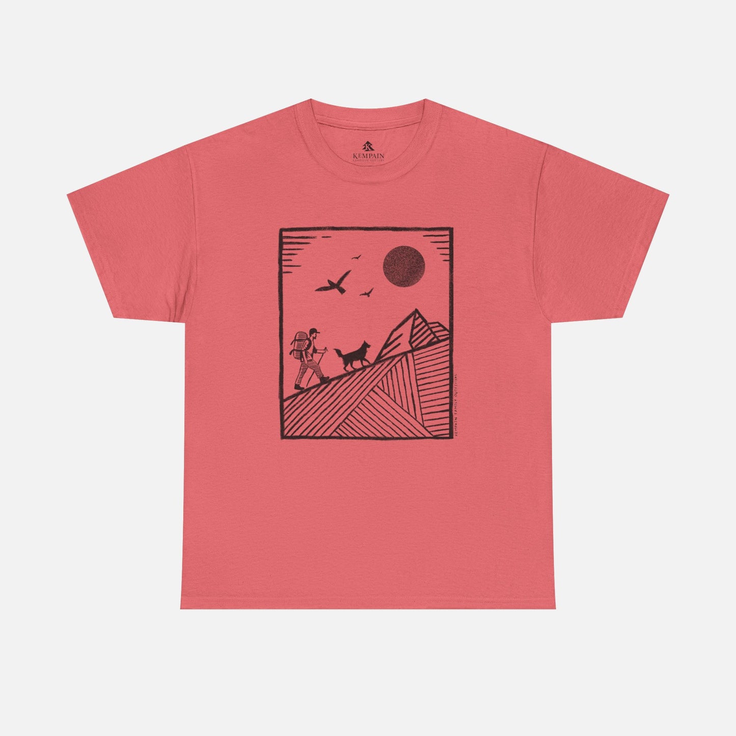 Hiker & Dog Companion Tee in coral on a white background, showcasing a minimalist outdoor design of a hiker and their loyal dog.