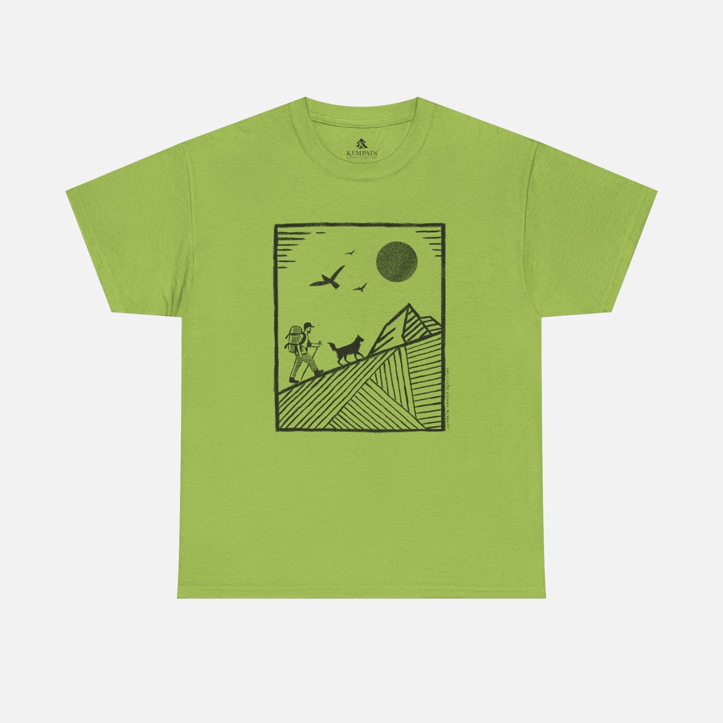 Hiker & Dog Companion Tee in green on a white background, showcasing a minimalist outdoor design of a hiker and their loyal dog.