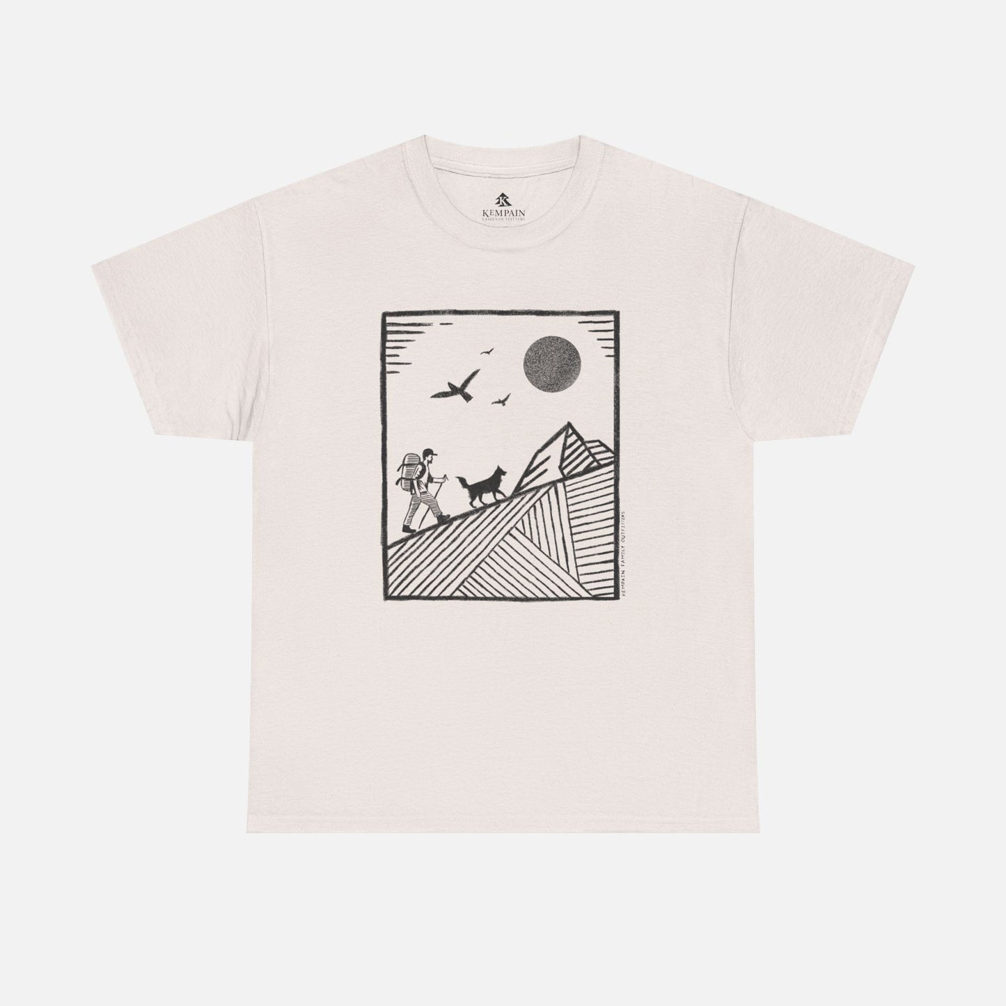 Hiker & Dog Companion Tee in white on a white background, showcasing a minimalist outdoor design of a hiker and their loyal dog.