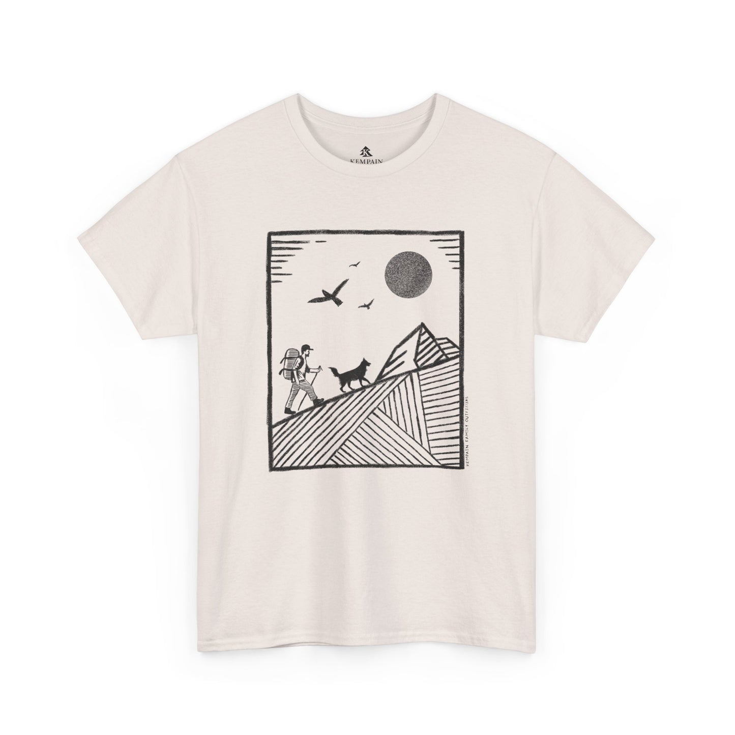Hiker & Dog Companion Tee in white on a white background, showcasing a minimalist outdoor design of a hiker and their loyal dog.