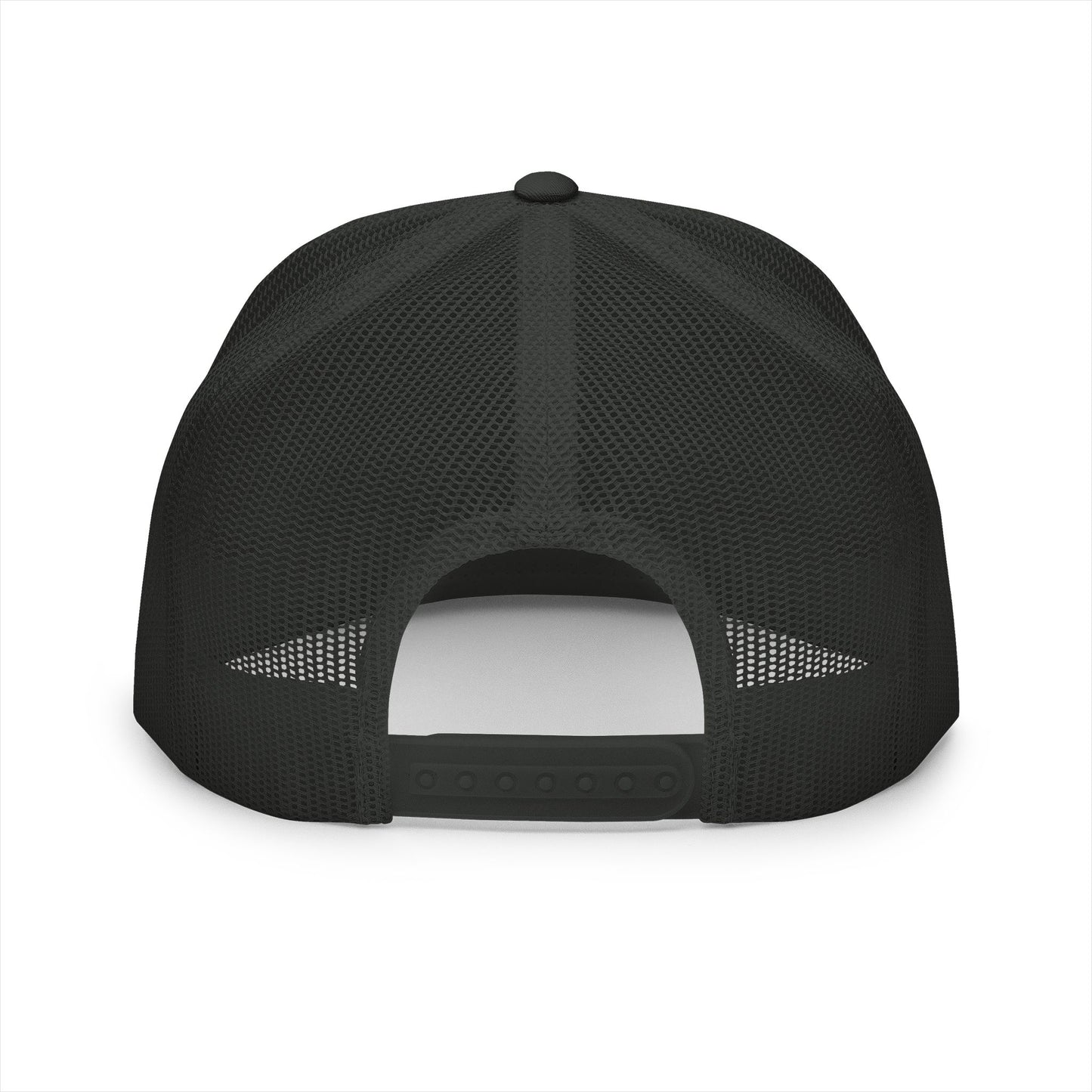 Back view of the Hiking Boot Typography Trucker Cap on a white background, showcasing the black mesh back and adjustable snapback closure for breathable trail-ready comfort.
