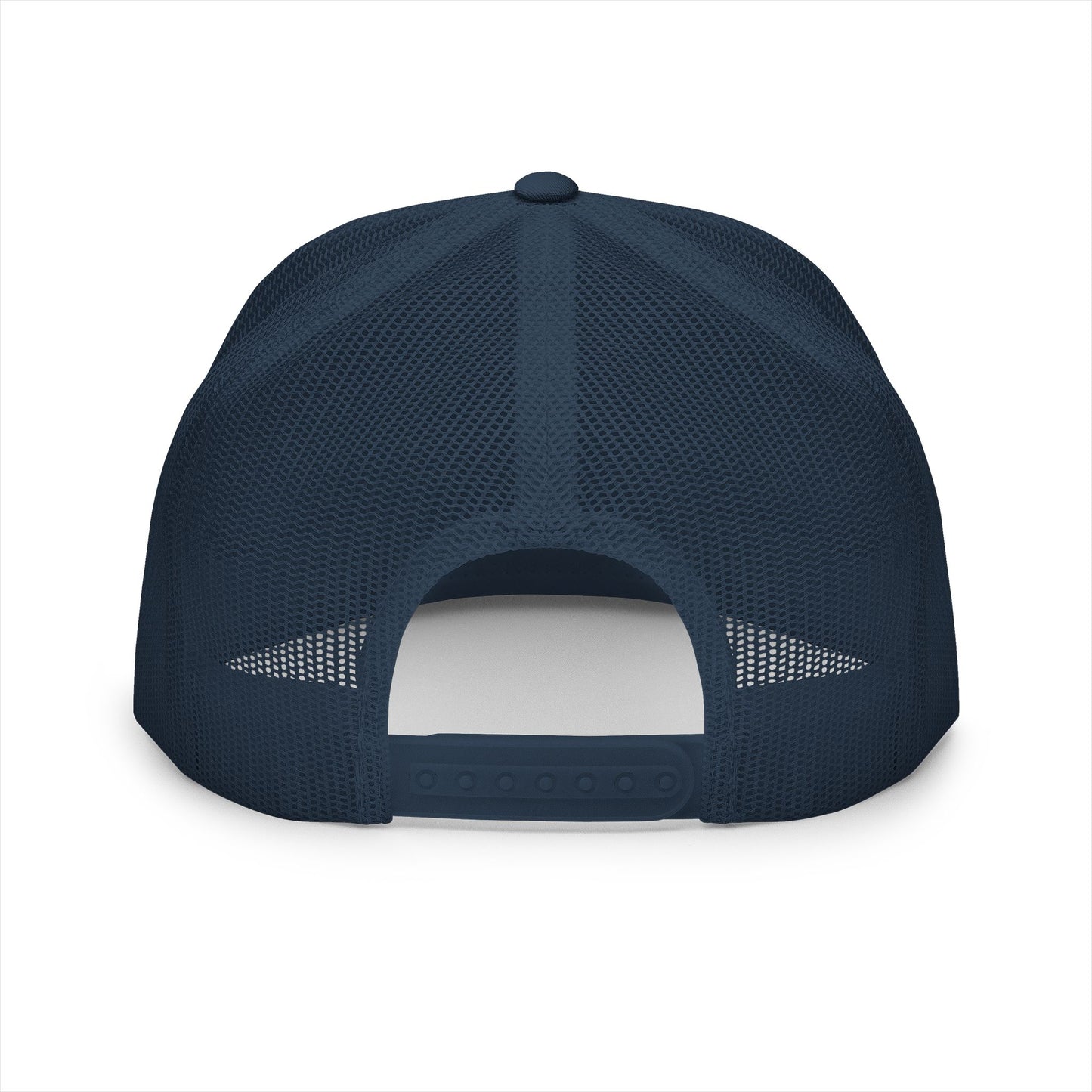 Back view of the Hiking Boot Typography Trucker Cap on a white background, showcasing the black mesh back and adjustable snapback closure for breathable trail-ready comfort.