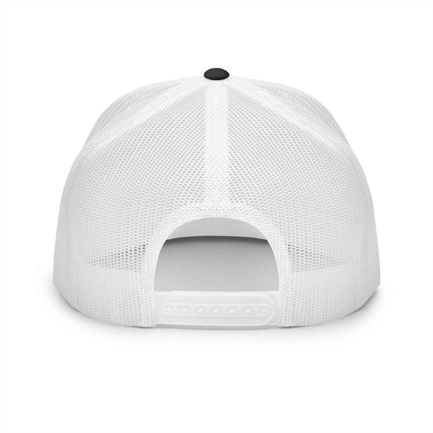 Back view of the Hiking Boot Typography Trucker Cap on a white background, showcasing the black mesh back and adjustable snapback closure for breathable trail-ready comfort.