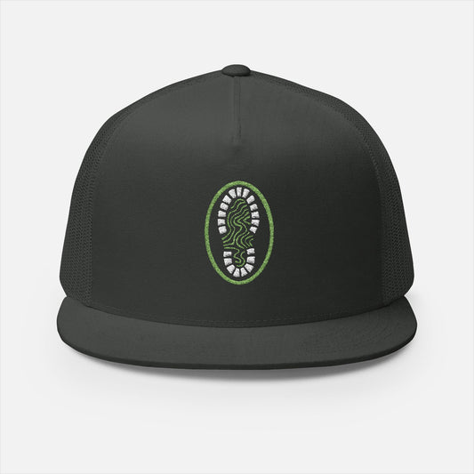 Front view in charcoal of the Hiking Boot Typography Trucker Cap on a white background, featuring a bold hiking boot filled with intricate typographic linework and outdoor-themed details.