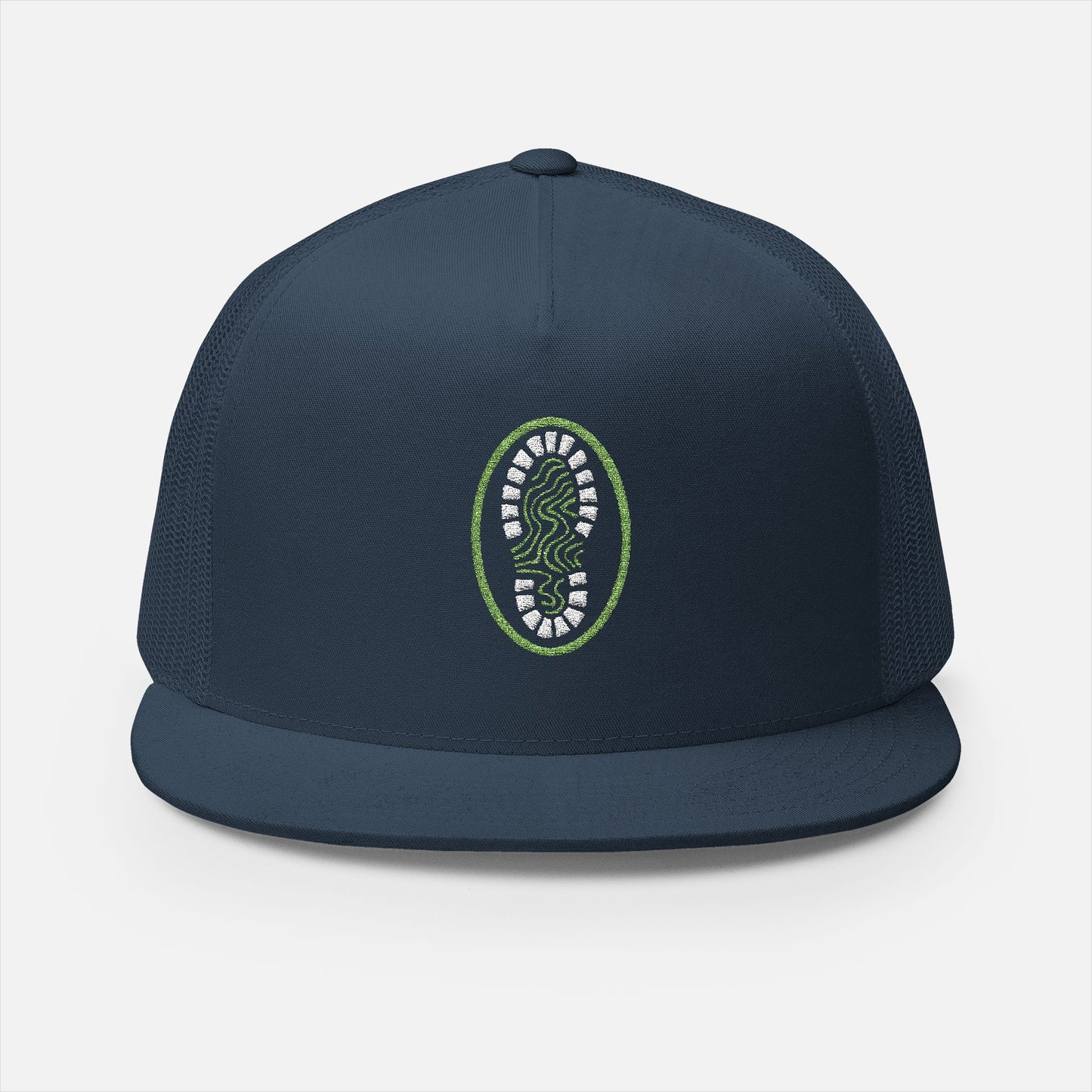 Front view of the Hiking Boot Typography Trucker Cap in navy on a white background, featuring a bold hiking boot filled with intricate typographic linework and outdoor-themed details.