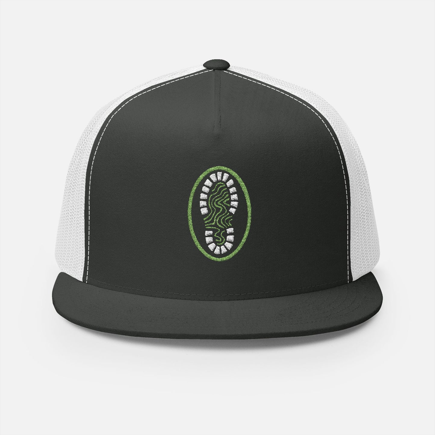 Front view of the Hiking Boot Typography Trucker Cap in two tone white and grey on a white background, featuring a bold hiking boot filled with intricate typographic linework and outdoor-themed details.