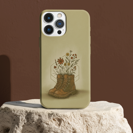 Hiking Boots with Wildflowers Phone Case photographed in a hiking-inspired setting on a rock.