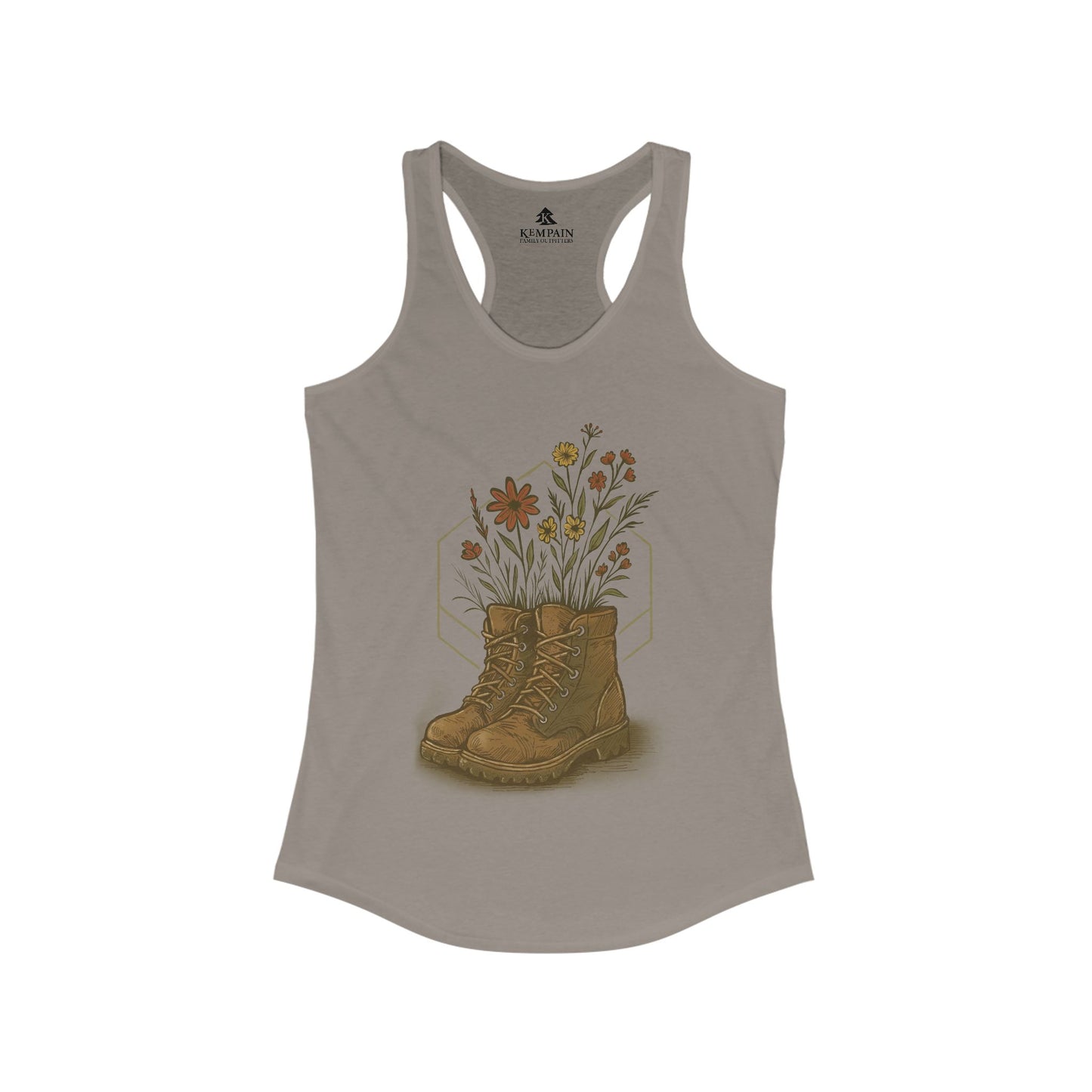 Solid Warm Grey Hiking Boots and Wildflowers Tank Top displayed on white background —perfect for outdoor lovers.